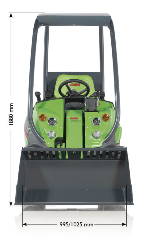 Front view of a green Avant compact loader with a bucket; height 1800 mm and width 995–1025 mm.