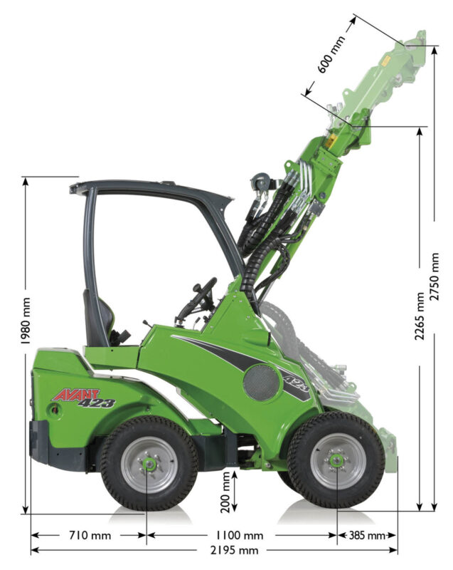 Green Avant 423 compact loader with an extended hydraulic arm and measurement guides indicating overall length and height.