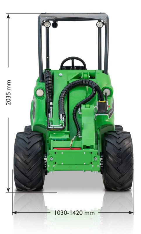 Rear view of a green industrial forklift with overhead guard; height 2035 mm and width 1030–1420 mm.