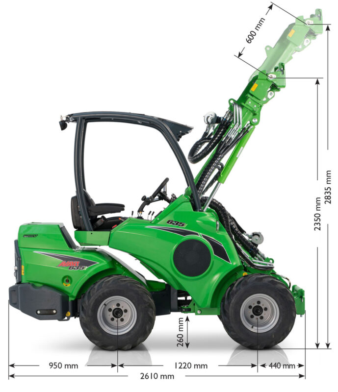 Green compact loader with hydraulic arm raised; measurement arrows show overall length 2610 mm and height 2835 mm