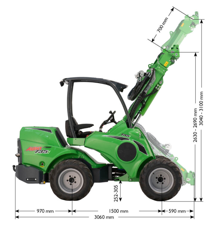 Green compact loader with hydraulic boom raised; dimension annotations show total length 3060 mm, wheelbase 1500 mm, front and rear overhangs 970 mm and 590 mm, and overall height up to about 3100 mm.