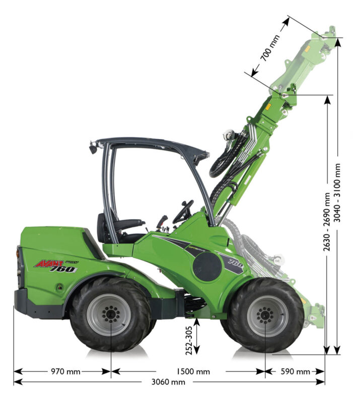 Compact green loader with an extended lifting arm; dimension arrows show overall length 3060 mm, reach 1500 mm, and height markers 3040–3100 mm and 259–305 mm.