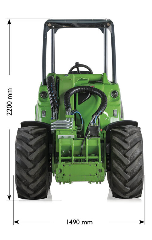 Front view of a green tractor with dimension arrows, showing overall height 2200 mm and width 1490 mm (informational image).