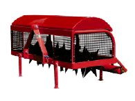 Red portable livestock trailer with ventilated mesh sides and raised legs on a black background