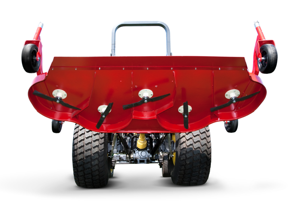 Rear-mounted red mower deck with five black cutting blades and rugged wheels, shown against a black background.