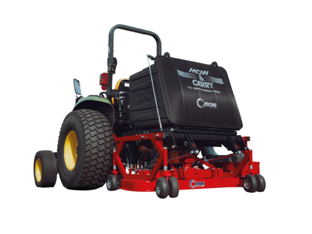 Red heavy-duty mower/attachment for a tractor with a large black tank labeled 'Mow & Carry' mounted on a red chassis.