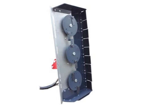 Vertical metal panel with three blue-gray rollers and a black segmented side guide, part of an industrial roller assembly with cables nearby.