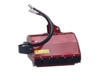 Red hydraulic-powered rotary brush cutter attachment with protective guard and hoses for tractor mounting and land clearing. (Informative)