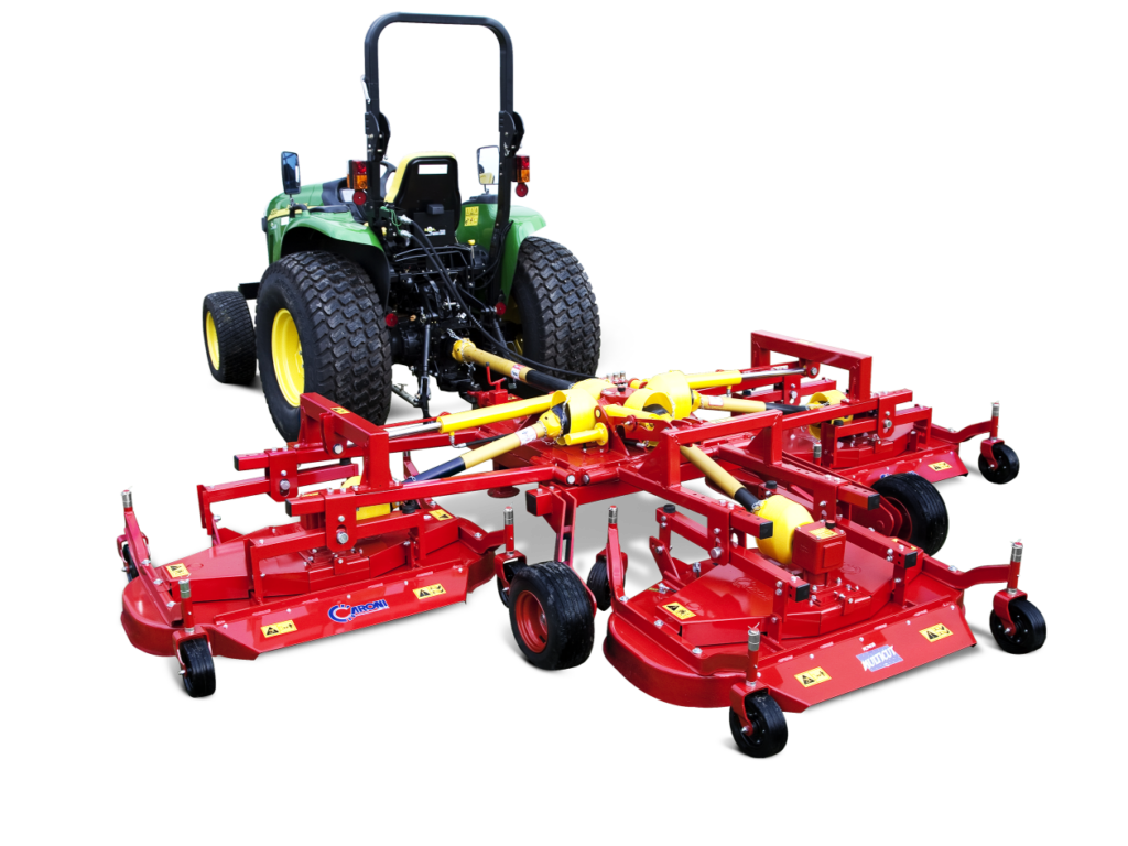 Green tractor pulling a red multi-section cultivator with yellow joints and large tires for soil tillage.