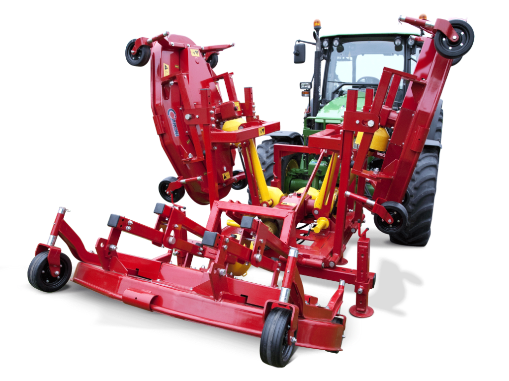 Red folding agricultural implement attached to a tractor, with multiple frames and wheels for soil tillage.