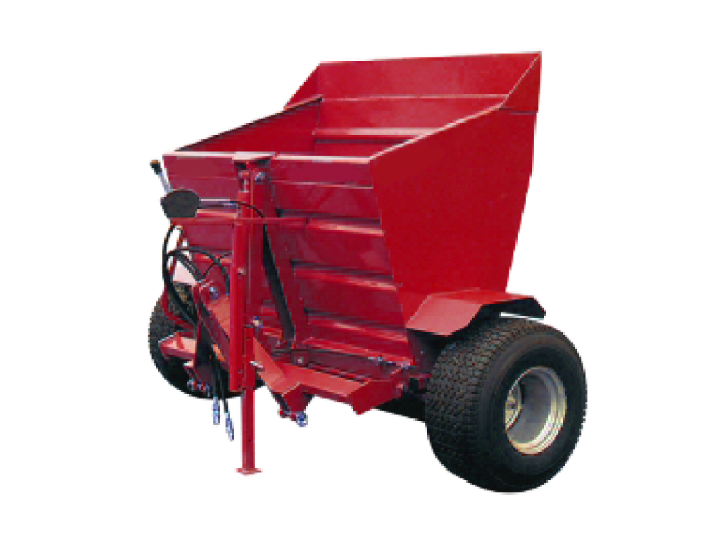 Red farm gravity wagon with a tall hopper, hitch, and large tires