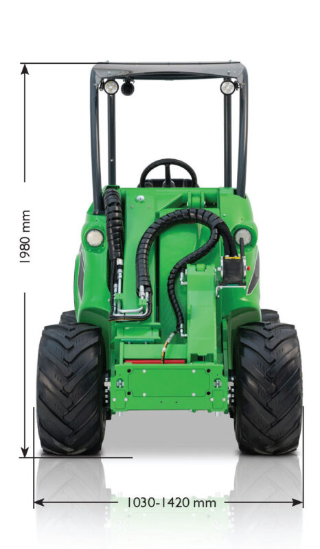 Green compact loader photographed from the rear with measurement arrows showing height 1980 mm and width 1030–1420 mm annotated on the image.